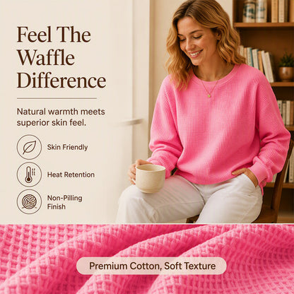 🧇Waffle Knit, Loose & Cozy👚 Women's Waffle-Knit Loose-Fit Sweatshirt – Soft & Relaxed ✨