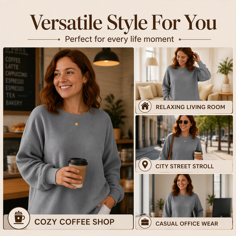 🧇Waffle Knit, Loose & Cozy👚 Women's Waffle-Knit Loose-Fit Sweatshirt – Soft & Relaxed ✨