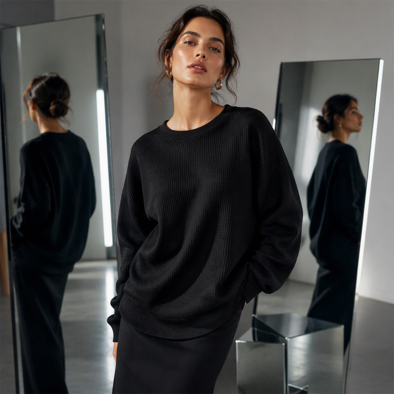 🧇Waffle Knit, Loose & Cozy👚 Women's Waffle-Knit Loose-Fit Sweatshirt – Soft & Relaxed ✨