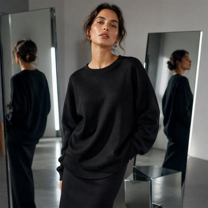 🧇Waffle Knit, Loose & Cozy👚 Women's Waffle-Knit Loose-Fit Sweatshirt – Soft & Relaxed ✨