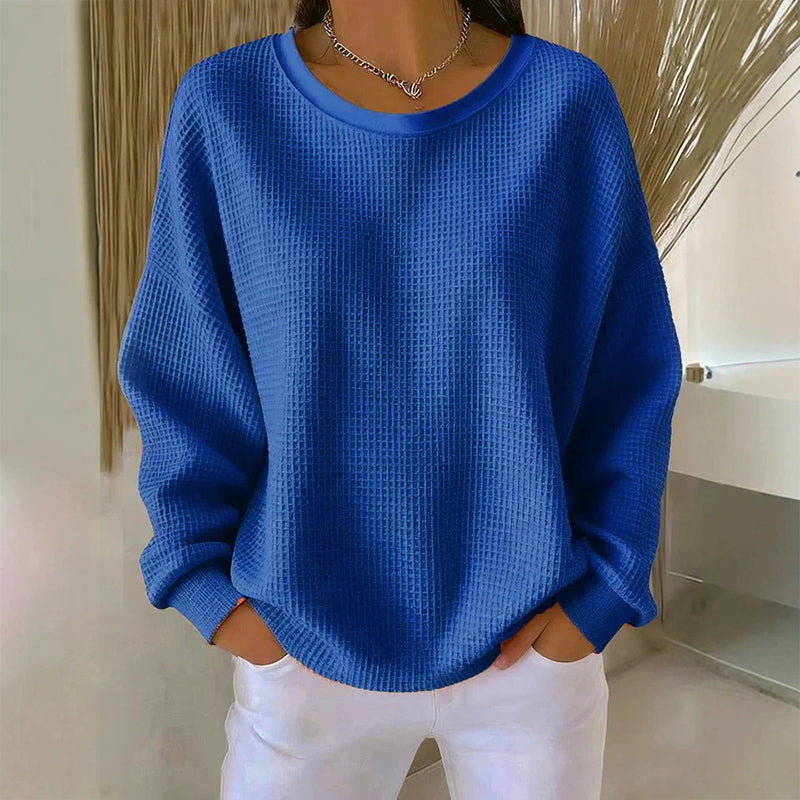 🧇Waffle Knit, Loose & Cozy👚 Women's Waffle-Knit Loose-Fit Sweatshirt – Soft & Relaxed ✨