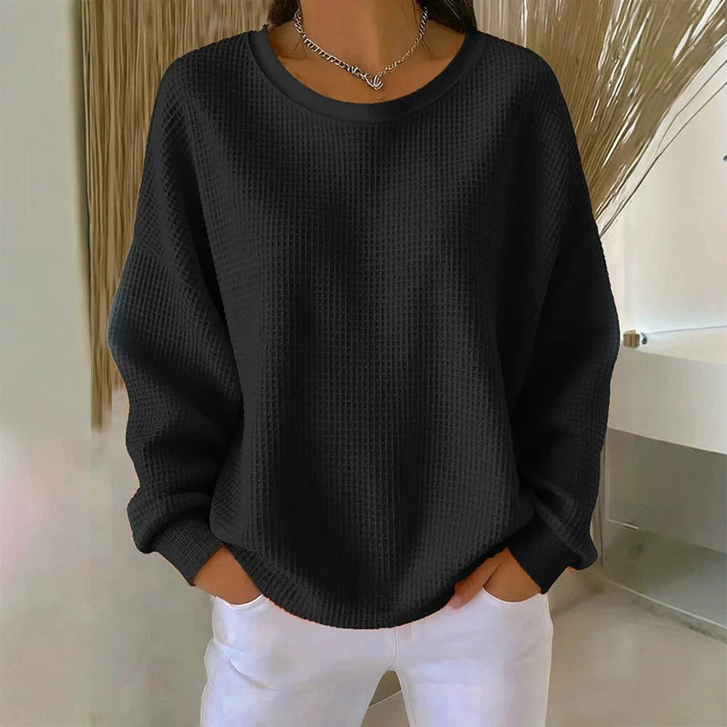 🧇Waffle Knit, Loose & Cozy👚 Women's Waffle-Knit Loose-Fit Sweatshirt – Soft & Relaxed ✨