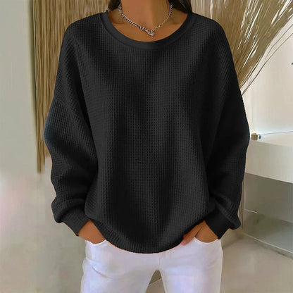 🧇Waffle Knit, Loose & Cozy👚 Women's Waffle-Knit Loose-Fit Sweatshirt – Soft & Relaxed ✨
