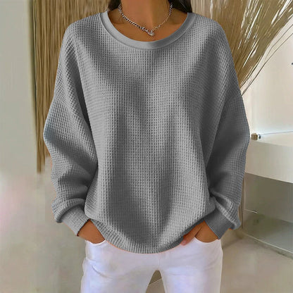 🧇Waffle Knit, Loose & Cozy👚 Women's Waffle-Knit Loose-Fit Sweatshirt – Soft & Relaxed ✨