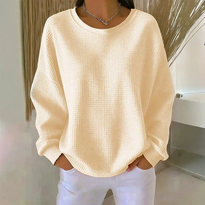 🧇Waffle Knit, Loose & Cozy👚 Women's Waffle-Knit Loose-Fit Sweatshirt – Soft & Relaxed ✨