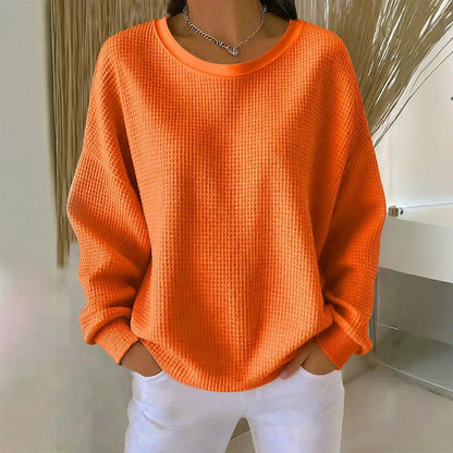 🧇Waffle Knit, Loose & Cozy👚 Women's Waffle-Knit Loose-Fit Sweatshirt – Soft & Relaxed ✨