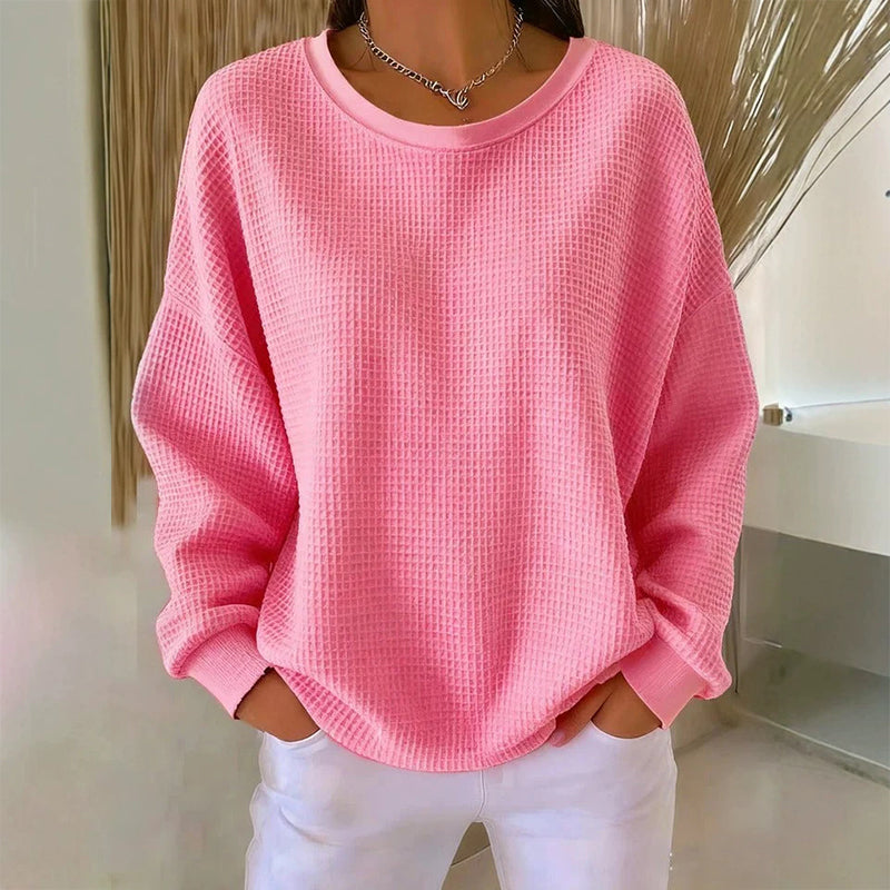🧇Waffle Knit, Loose & Cozy👚 Women's Waffle-Knit Loose-Fit Sweatshirt – Soft & Relaxed ✨
