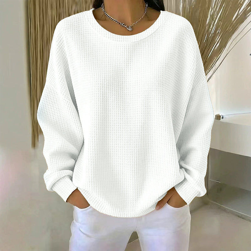 🧇Waffle Knit, Loose & Cozy👚 Women's Waffle-Knit Loose-Fit Sweatshirt – Soft & Relaxed ✨