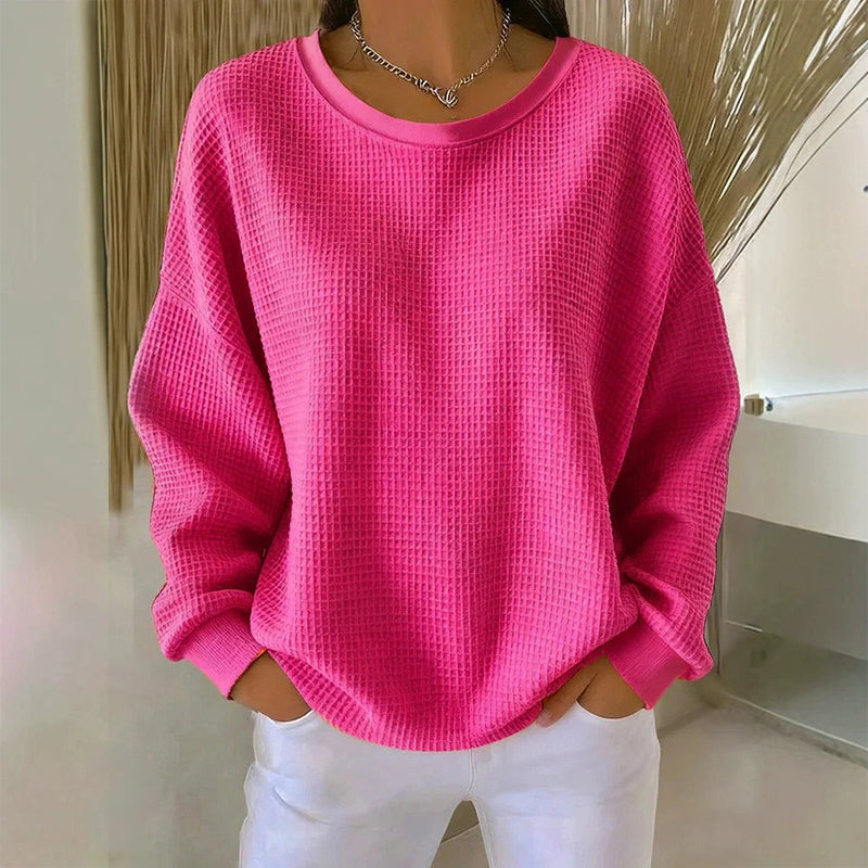 🧇Waffle Knit, Loose & Cozy👚 Women's Waffle-Knit Loose-Fit Sweatshirt – Soft & Relaxed ✨