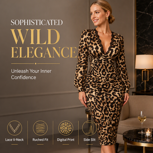 🐆Lace V-Neck, Sexy Side Slit👗 Women's Leopard Lace Midi Dress – Stretch Fit & Side Slit | Perfect for Dates, Parties & Evening Banquets, Confident & Alluring ✨