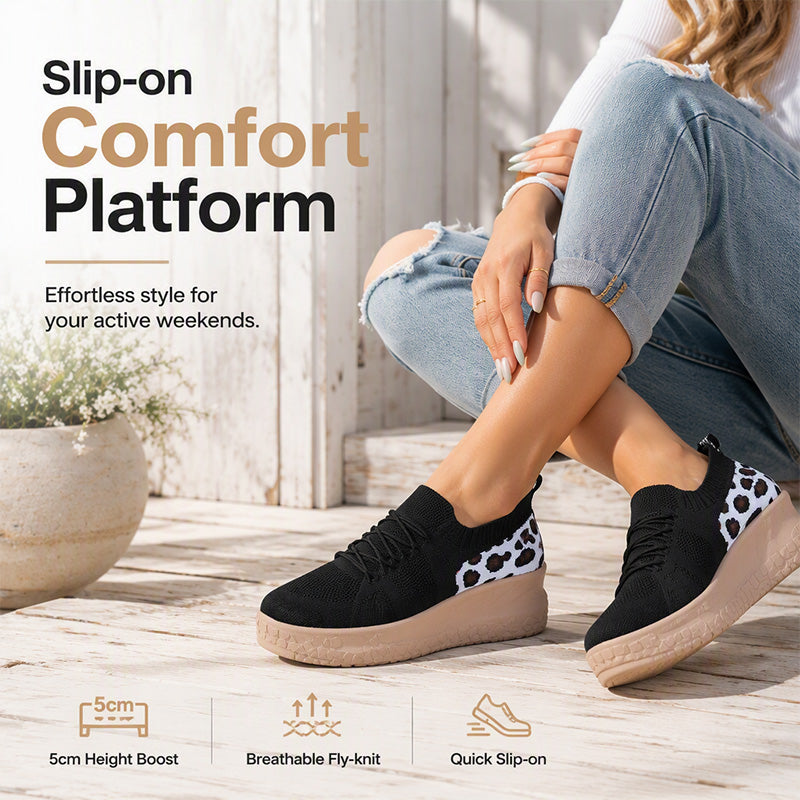 👟Slip-On Convenience, Cushioned Platform☁️ Women's Fly-Knit Platform Loafers – Wide Round Toe & Cushioned Platform | Perfect for All-Day Walking, Travel & Daily Wear, Easy On & Off ✨
