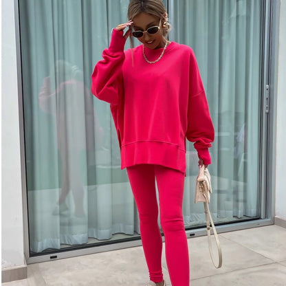 👕Solid Color, Easy to Style🧥 Women's Casual Sweatshirt & Leggings Set – Solid Color & Side Slit | Perfect for Daily Outings, Lounging & Gatherings, Effortless Match ✨