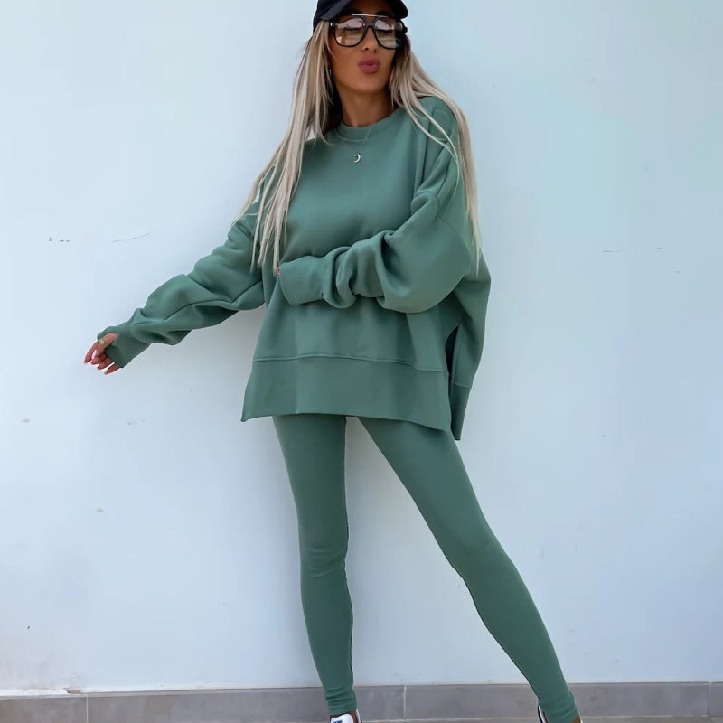 👕Solid Color, Easy to Style🧥 Women's Casual Sweatshirt & Leggings Set – Solid Color & Side Slit | Perfect for Daily Outings, Lounging & Gatherings, Effortless Match ✨