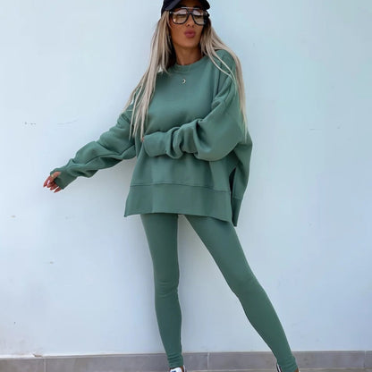 👕Solid Color, Easy to Style🧥 Women's Casual Sweatshirt & Leggings Set – Solid Color & Side Slit | Perfect for Daily Outings, Lounging & Gatherings, Effortless Match ✨