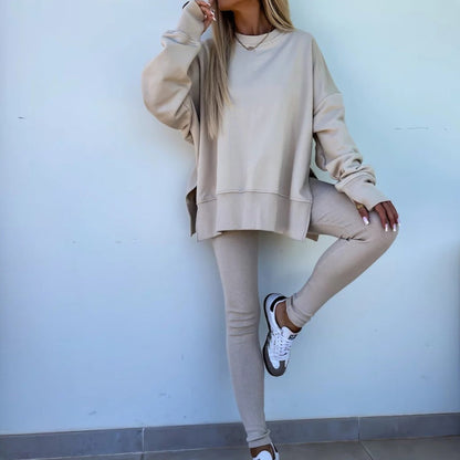 👕Solid Color, Easy to Style🧥 Women's Casual Sweatshirt & Leggings Set – Solid Color & Side Slit | Perfect for Daily Outings, Lounging & Gatherings, Effortless Match ✨