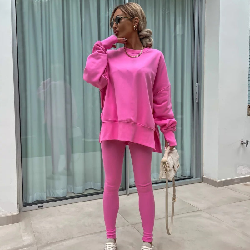 👕Solid Color, Easy to Style🧥 Women's Casual Sweatshirt & Leggings Set – Solid Color & Side Slit | Perfect for Daily Outings, Lounging & Gatherings, Effortless Match ✨