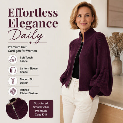 Women's Lantern Sleeve Zip-Up Knit Sweater – Elegant Sleeves, Cozy Fit, Everyday Style