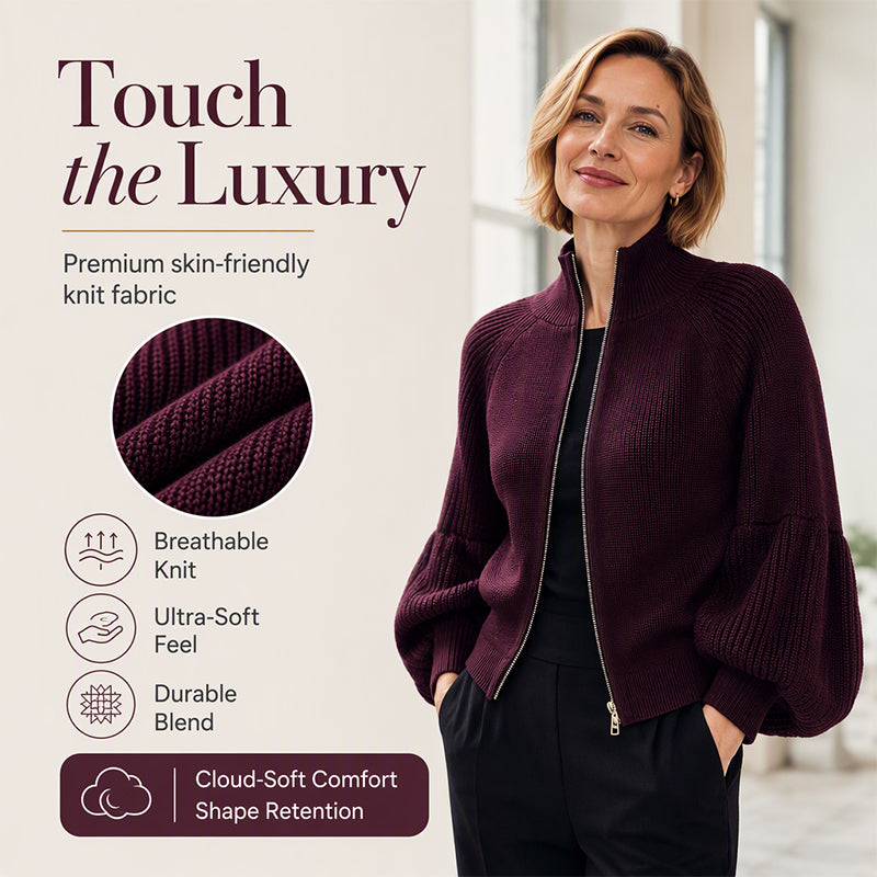 Women's Lantern Sleeve Zip-Up Knit Sweater – Elegant Sleeves, Cozy Fit, Everyday Style
