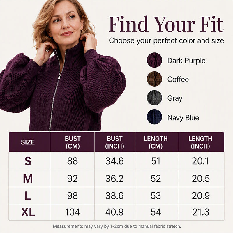 Women's Lantern Sleeve Zip-Up Knit Sweater – Elegant Sleeves, Cozy Fit, Everyday Style