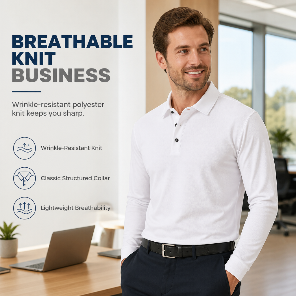 🌬️Breathable Comfort, All-Day Freshness🧶 Men's Long Sleeve Collared Knit T-Shirt – Breathable Knit & Skin-Friendly Fabric | Perfect for All-Day Office & Leisure, Keeps You Cool & Dry ✨