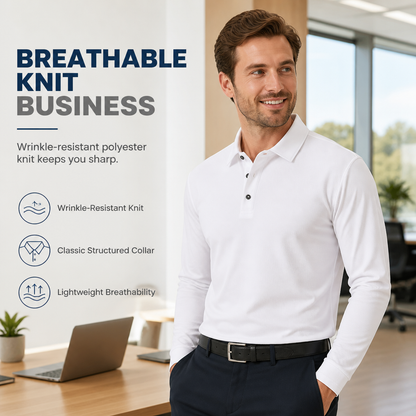 🌬️Breathable Comfort, All-Day Freshness🧶 Men's Long Sleeve Collared Knit T-Shirt – Breathable Knit & Skin-Friendly Fabric | Perfect for All-Day Office & Leisure, Keeps You Cool & Dry ✨