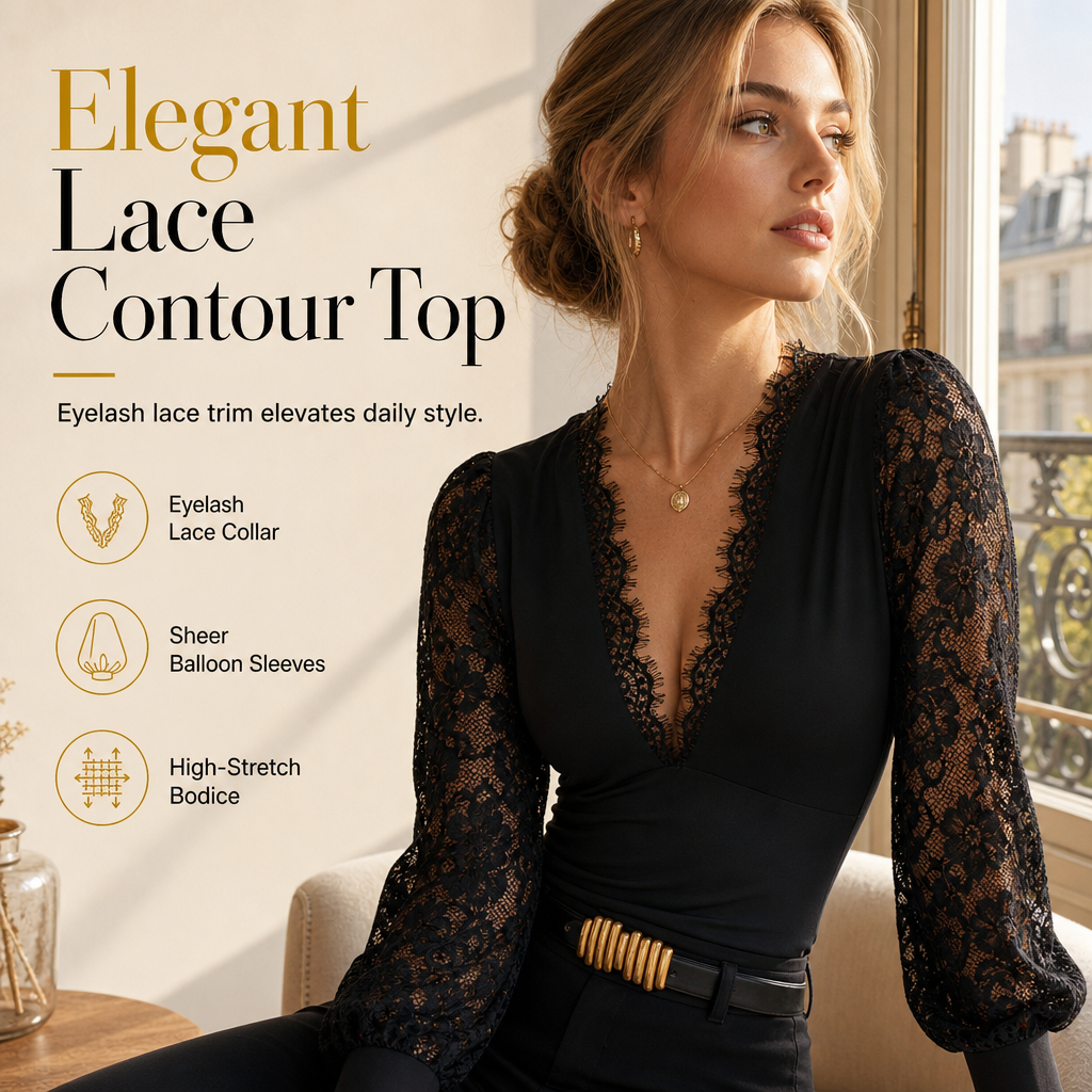 🌸Delicate Lace, Comfortable & Versatile👚 Women's Deep V-Neck Lace Long Sleeve Top – High-Stretch Fit & Lace Patchwork | Perfect for Daily Wear & Casual Gatherings, Delicate & Comfortable ✨