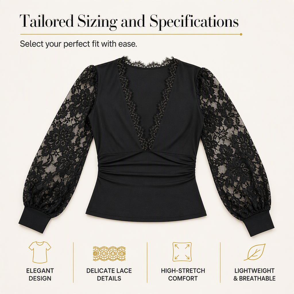 🌸Delicate Lace, Comfortable & Versatile👚 Women's Deep V-Neck Lace Long Sleeve Top – High-Stretch Fit & Lace Patchwork | Perfect for Daily Wear & Casual Gatherings, Delicate & Comfortable ✨