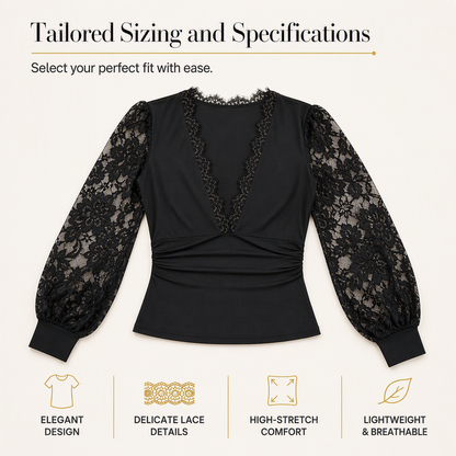 🌸Delicate Lace, Comfortable & Versatile👚 Women's Deep V-Neck Lace Long Sleeve Top – High-Stretch Fit & Lace Patchwork | Perfect for Daily Wear & Casual Gatherings, Delicate & Comfortable ✨