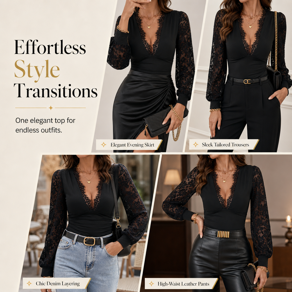 🌸Delicate Lace, Comfortable & Versatile👚 Women's Deep V-Neck Lace Long Sleeve Top – High-Stretch Fit & Lace Patchwork | Perfect for Daily Wear & Casual Gatherings, Delicate & Comfortable ✨