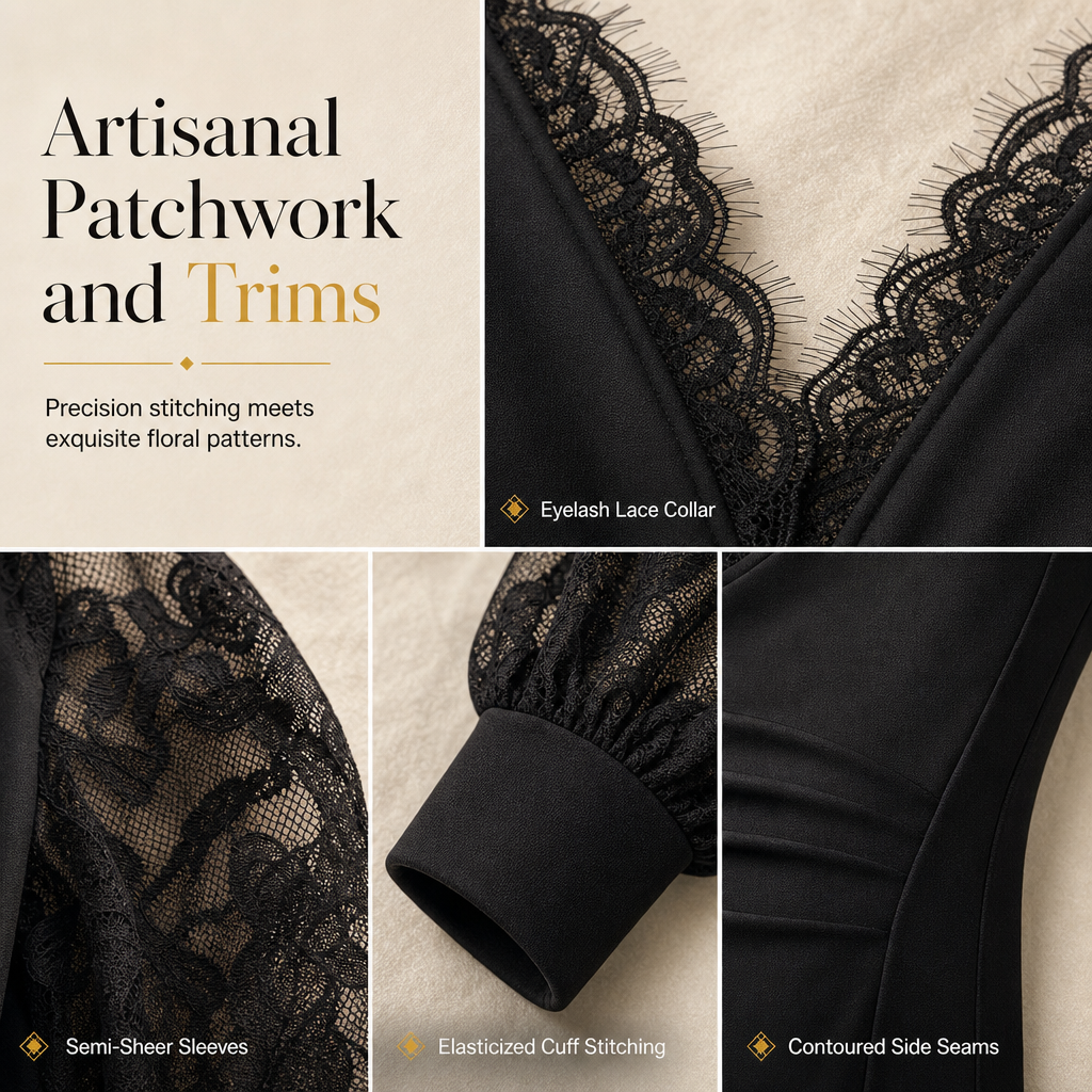 🌸Delicate Lace, Comfortable & Versatile👚 Women's Deep V-Neck Lace Long Sleeve Top – High-Stretch Fit & Lace Patchwork | Perfect for Daily Wear & Casual Gatherings, Delicate & Comfortable ✨