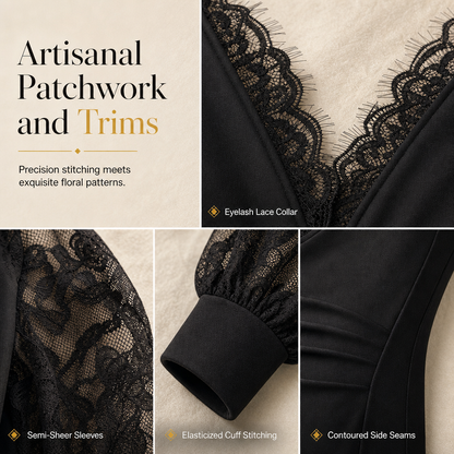 🌸Delicate Lace, Comfortable & Versatile👚 Women's Deep V-Neck Lace Long Sleeve Top – High-Stretch Fit & Lace Patchwork | Perfect for Daily Wear & Casual Gatherings, Delicate & Comfortable ✨