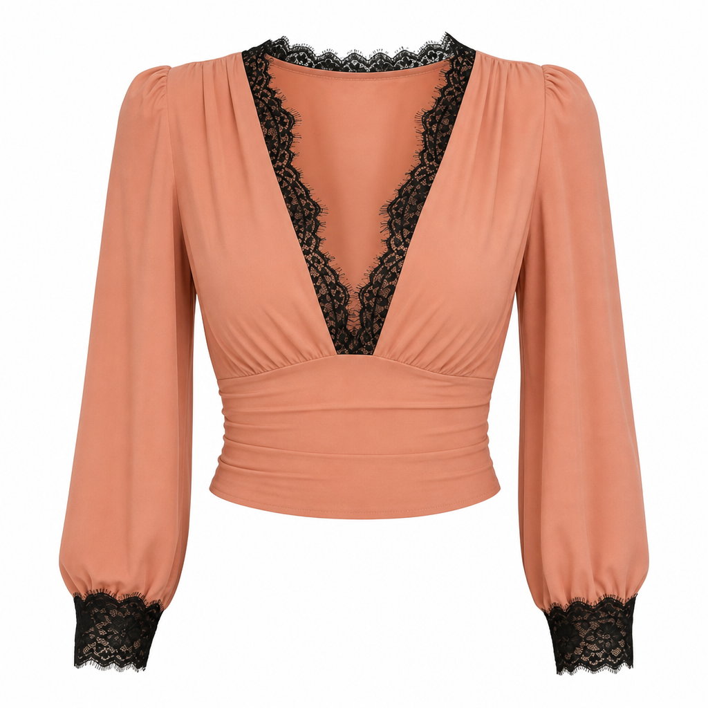 🌸Delicate Lace, Comfortable & Versatile👚 Women's Deep V-Neck Lace Long Sleeve Top – High-Stretch Fit & Lace Patchwork | Perfect for Daily Wear & Casual Gatherings, Delicate & Comfortable ✨