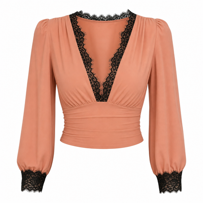 🌸Delicate Lace, Comfortable & Versatile👚 Women's Deep V-Neck Lace Long Sleeve Top – High-Stretch Fit & Lace Patchwork | Perfect for Daily Wear & Casual Gatherings, Delicate & Comfortable ✨
