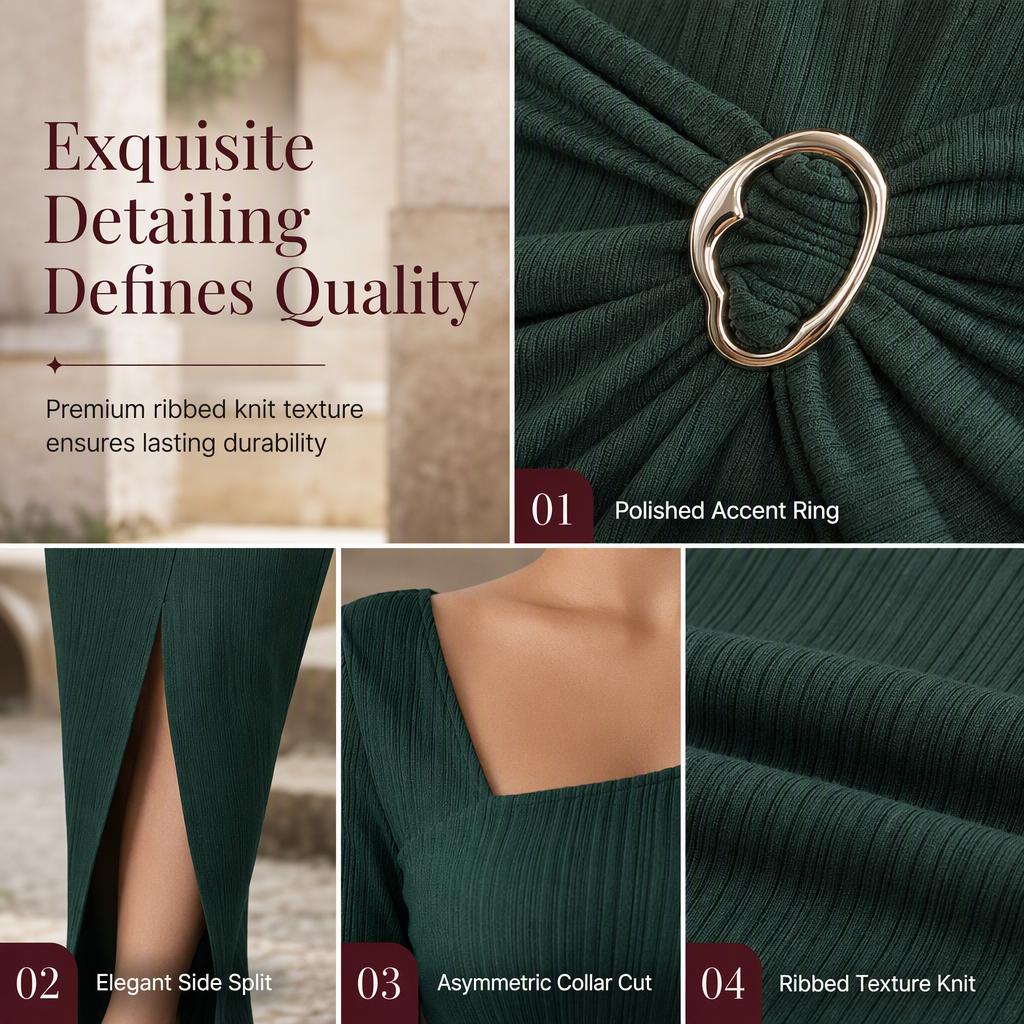 👗Ruched Slimming, Elegant Silhouette✨ Women's Ribbed Knit Long Dress – Asymmetric Neckline & Metal Ring | Naturally Flattering, Upscale Appeal ✨