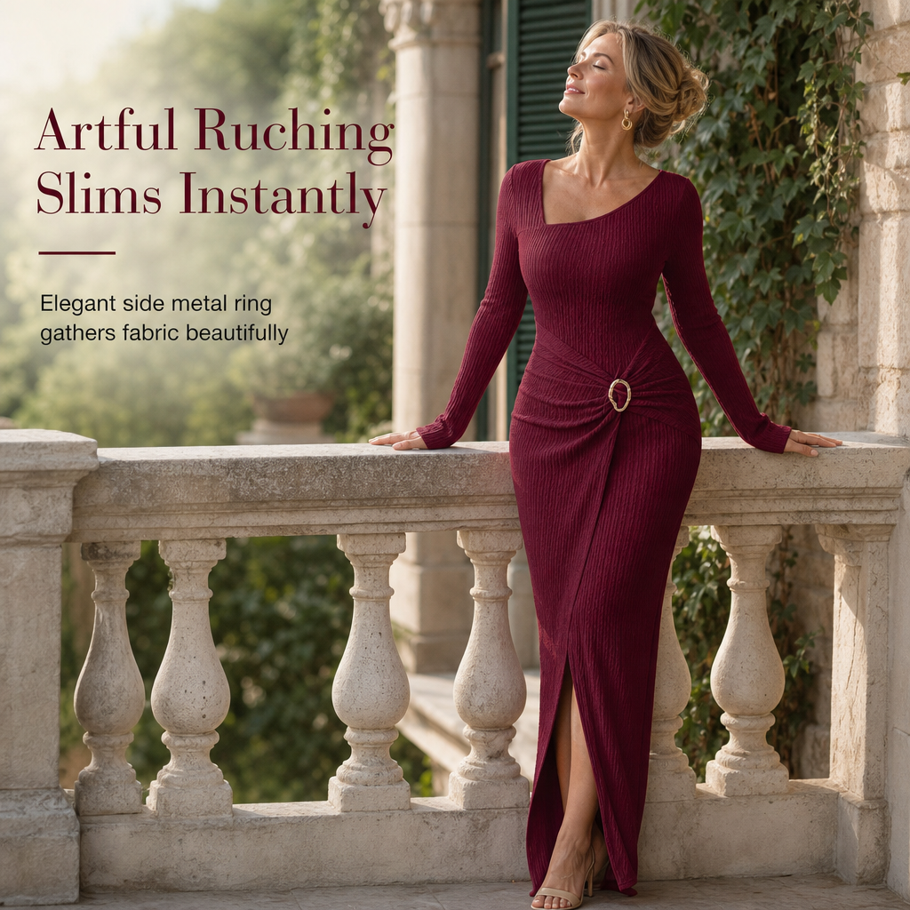 👗Ruched Slimming, Elegant Silhouette✨ Women's Ribbed Knit Long Dress – Asymmetric Neckline & Metal Ring | Naturally Flattering, Upscale Appeal ✨