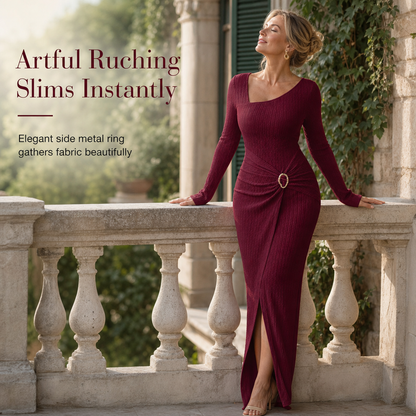 👗Ruched Slimming, Elegant Silhouette✨ Women's Ribbed Knit Long Dress – Asymmetric Neckline & Metal Ring | Naturally Flattering, Upscale Appeal ✨