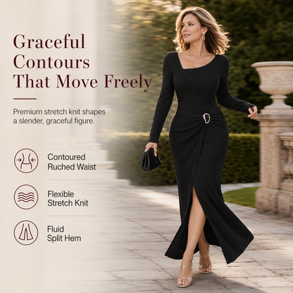 👗Ruched Slimming, Elegant Silhouette✨ Women's Ribbed Knit Long Dress – Asymmetric Neckline & Metal Ring | Naturally Flattering, Upscale Appeal ✨