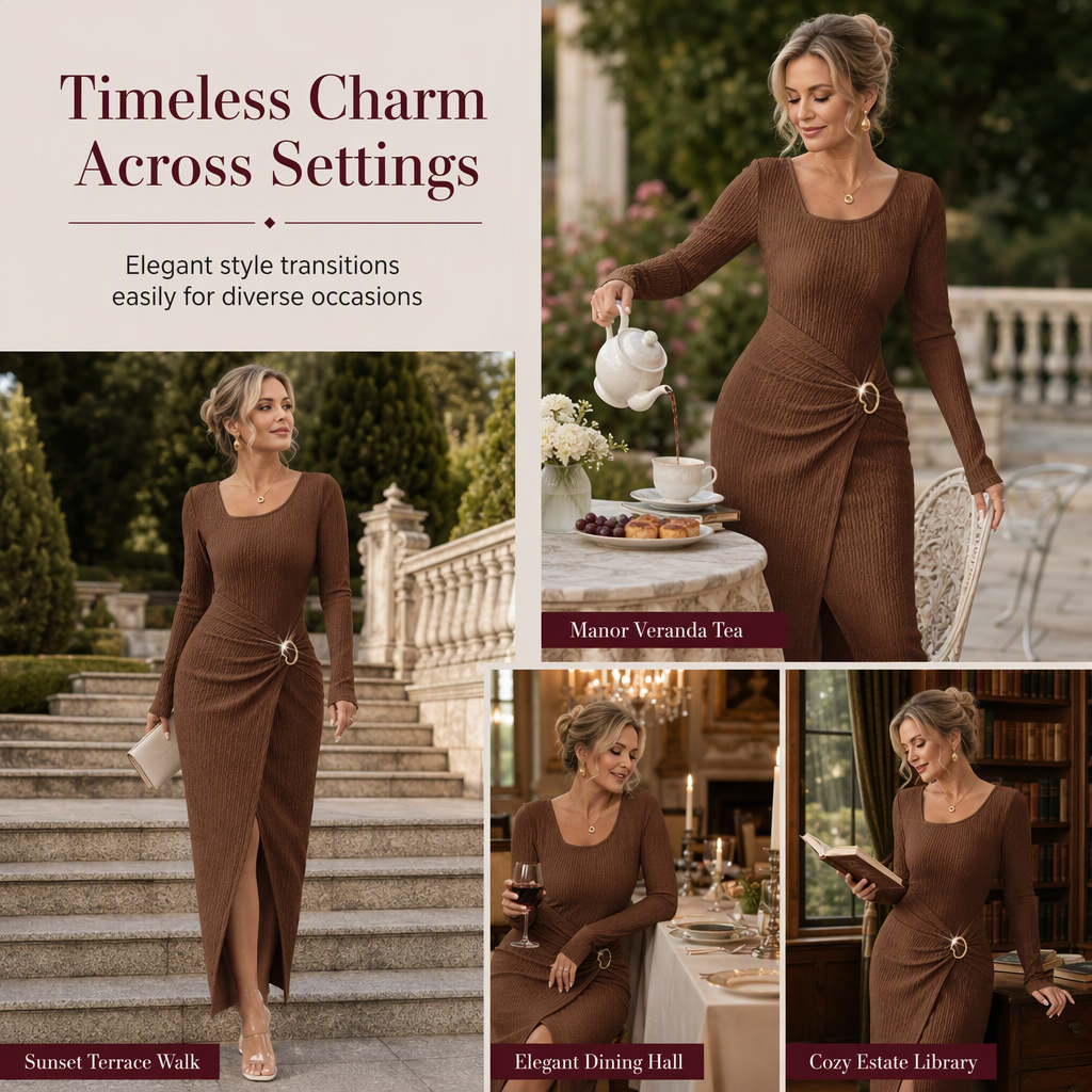 👗Ruched Slimming, Elegant Silhouette✨ Women's Ribbed Knit Long Dress – Asymmetric Neckline & Metal Ring | Naturally Flattering, Upscale Appeal ✨