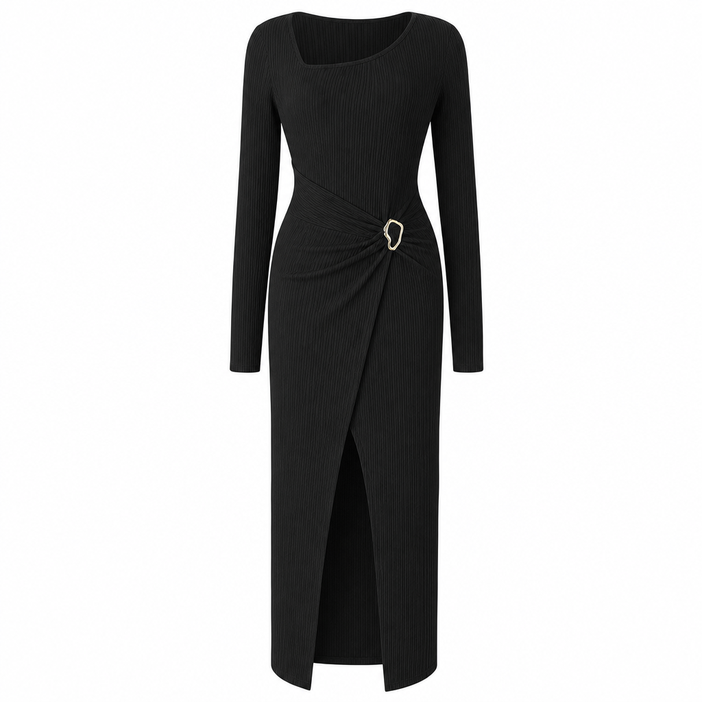 👗Ruched Slimming, Elegant Silhouette✨ Women's Ribbed Knit Long Dress – Asymmetric Neckline & Metal Ring | Naturally Flattering, Upscale Appeal ✨