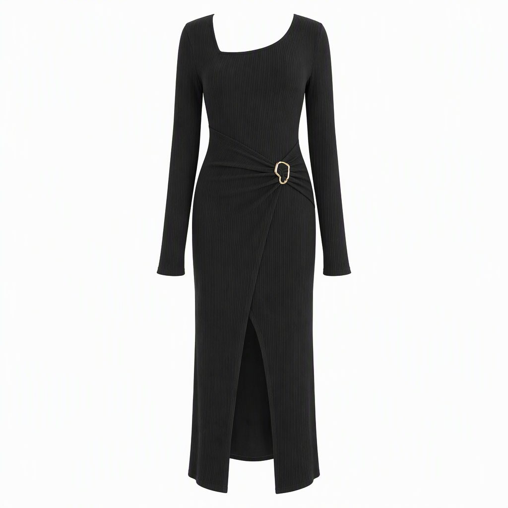 👗Ruched Slimming, Elegant Silhouette✨ Women's Ribbed Knit Long Dress – Asymmetric Neckline & Metal Ring | Naturally Flattering, Upscale Appeal ✨