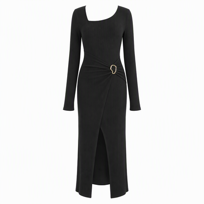 👗Ruched Slimming, Elegant Silhouette✨ Women's Ribbed Knit Long Dress – Asymmetric Neckline & Metal Ring | Naturally Flattering, Upscale Appeal ✨