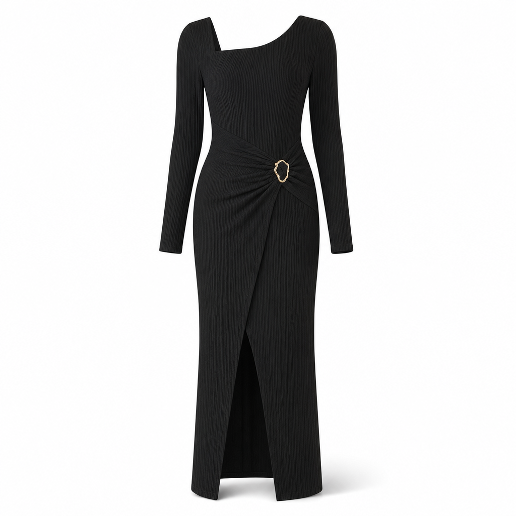 👗Ruched Slimming, Elegant Silhouette✨ Women's Ribbed Knit Long Dress – Asymmetric Neckline & Metal Ring | Naturally Flattering, Upscale Appeal ✨