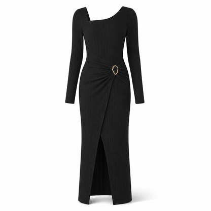👗Ruched Slimming, Elegant Silhouette✨ Women's Ribbed Knit Long Dress – Asymmetric Neckline & Metal Ring | Naturally Flattering, Upscale Appeal ✨
