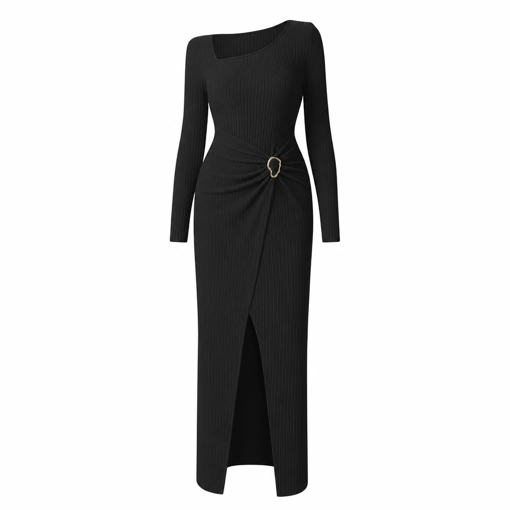 👗Ruched Slimming, Elegant Silhouette✨ Women's Ribbed Knit Long Dress – Asymmetric Neckline & Metal Ring | Naturally Flattering, Upscale Appeal ✨