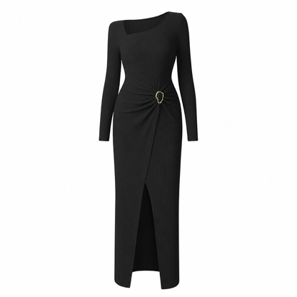 👗Ruched Slimming, Elegant Silhouette✨ Women's Ribbed Knit Long Dress – Asymmetric Neckline & Metal Ring | Naturally Flattering, Upscale Appeal ✨