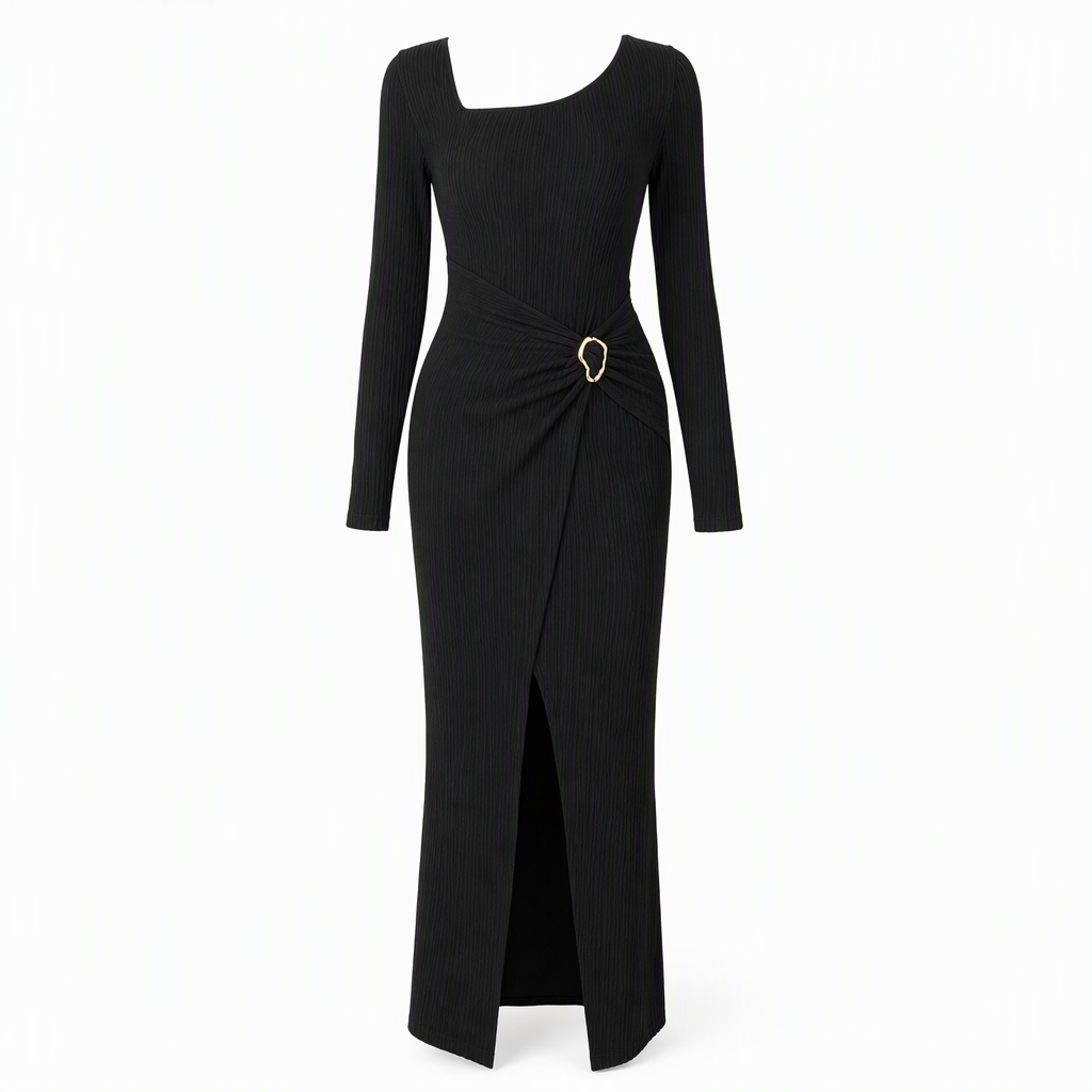 👗Ruched Slimming, Elegant Silhouette✨ Women's Ribbed Knit Long Dress – Asymmetric Neckline & Metal Ring | Naturally Flattering, Upscale Appeal ✨
