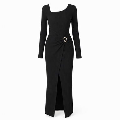 👗Ruched Slimming, Elegant Silhouette✨ Women's Ribbed Knit Long Dress – Asymmetric Neckline & Metal Ring | Naturally Flattering, Upscale Appeal ✨