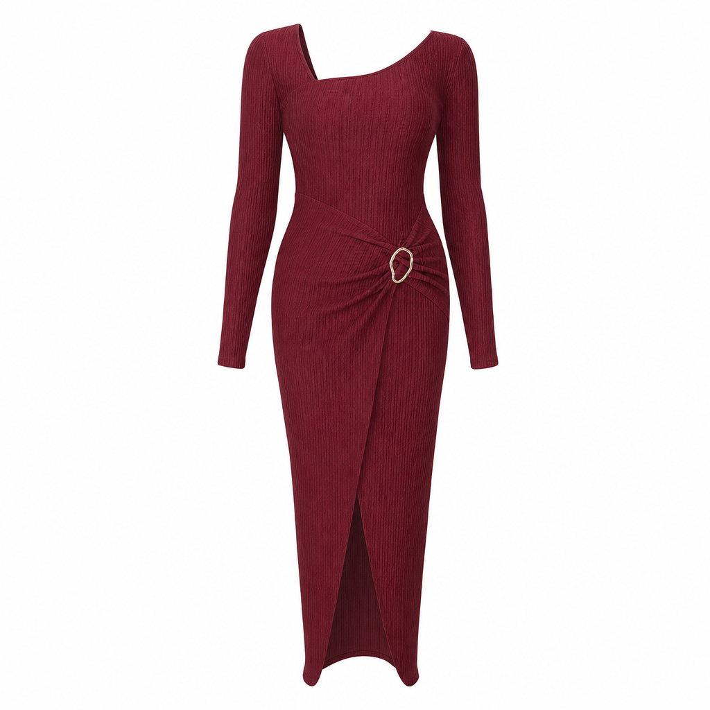 👗Ruched Slimming, Elegant Silhouette✨ Women's Ribbed Knit Long Dress – Asymmetric Neckline & Metal Ring | Naturally Flattering, Upscale Appeal ✨
