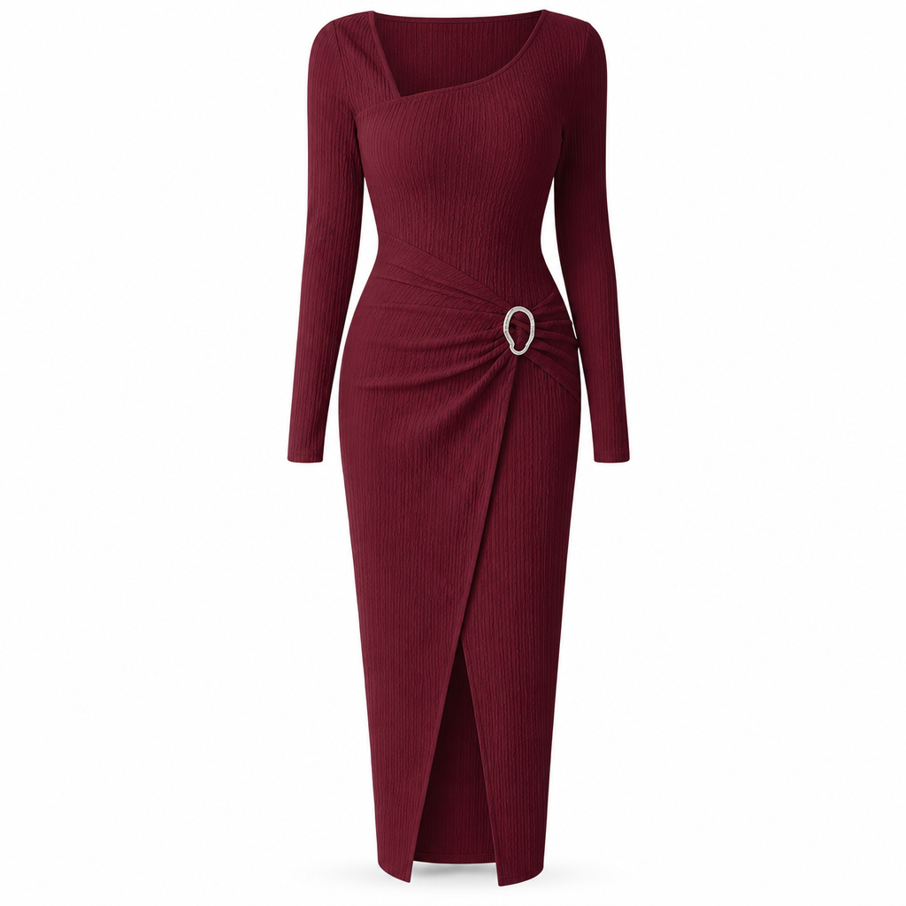 👗Ruched Slimming, Elegant Silhouette✨ Women's Ribbed Knit Long Dress – Asymmetric Neckline & Metal Ring | Naturally Flattering, Upscale Appeal ✨