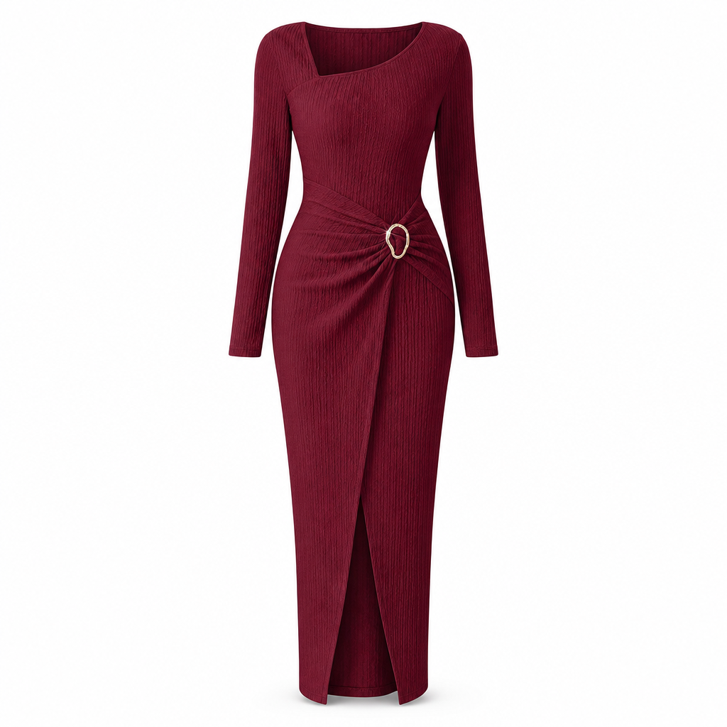 👗Ruched Slimming, Elegant Silhouette✨ Women's Ribbed Knit Long Dress – Asymmetric Neckline & Metal Ring | Naturally Flattering, Upscale Appeal ✨